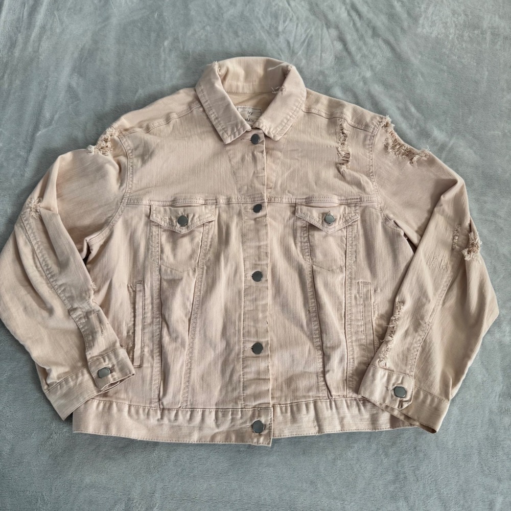 Ivy + Main Women's Distressed‎ Denim Trucker Jacket Light Pink Button Up Pockets